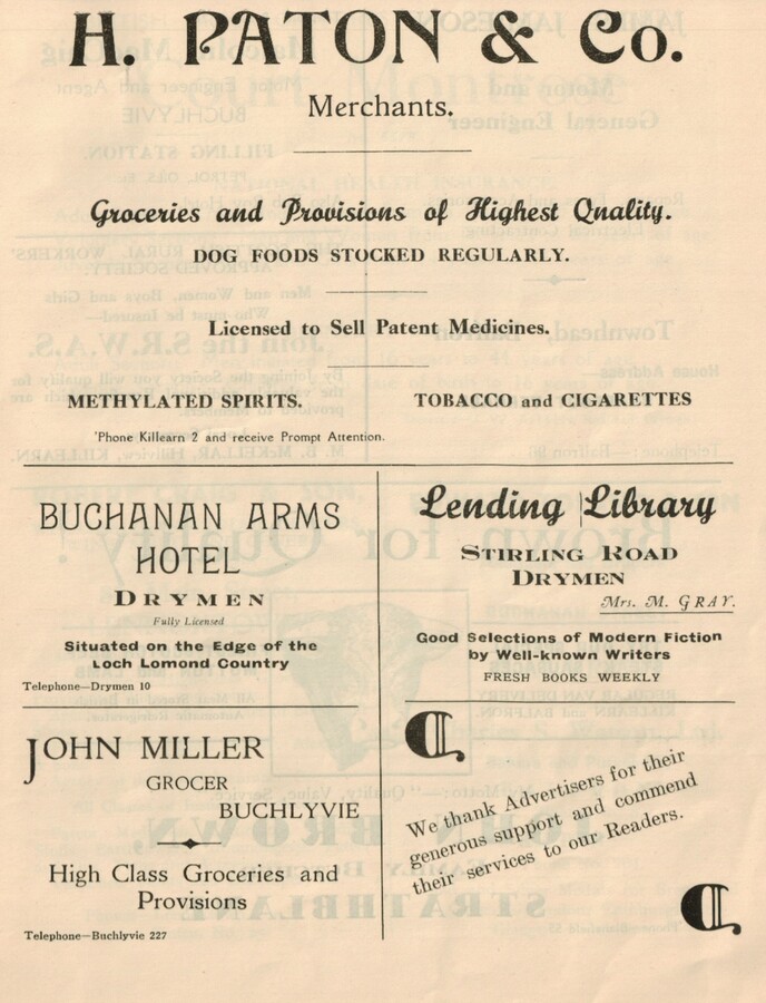 Old Advert For Buchanan Arms Hotel And Lending Library